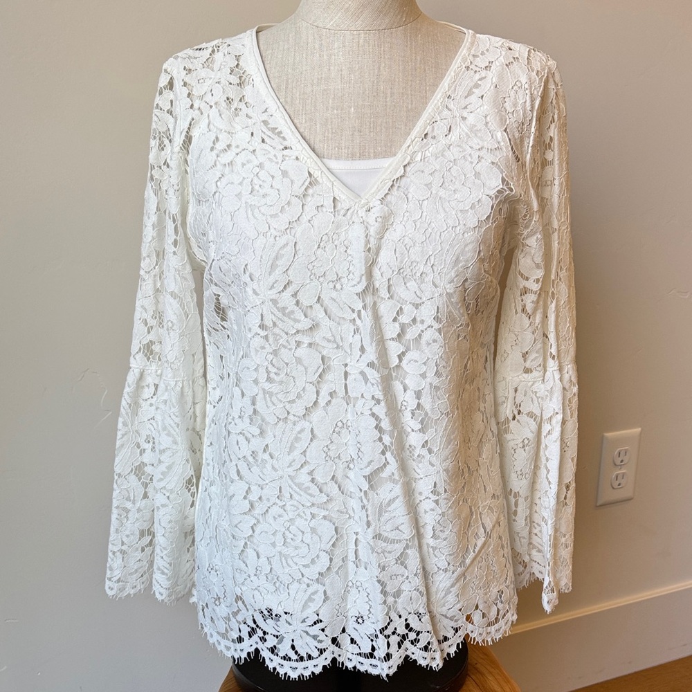 White House Black Market White Floral Lace V-Neck Bell Sleeve Top